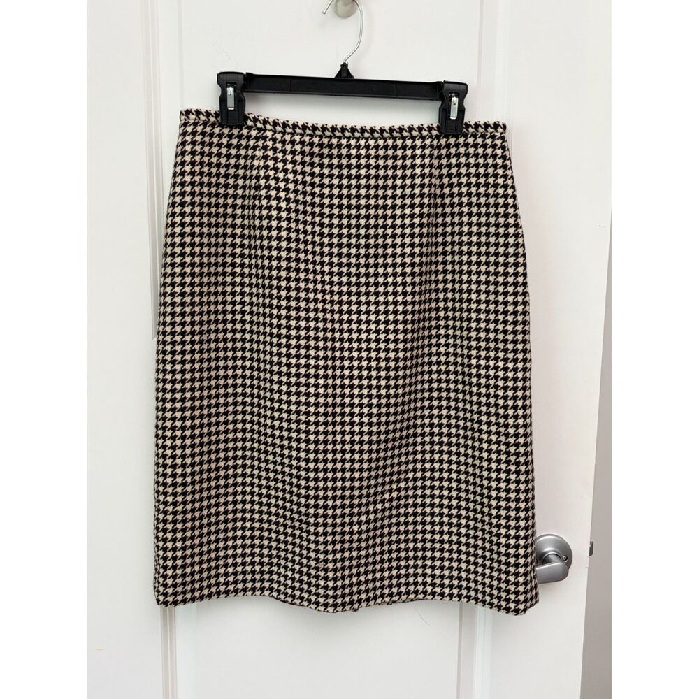 Ann Taylor Houndstooth Wool Pencil Skirt Womens 12 Black Cream Burgundy Lined